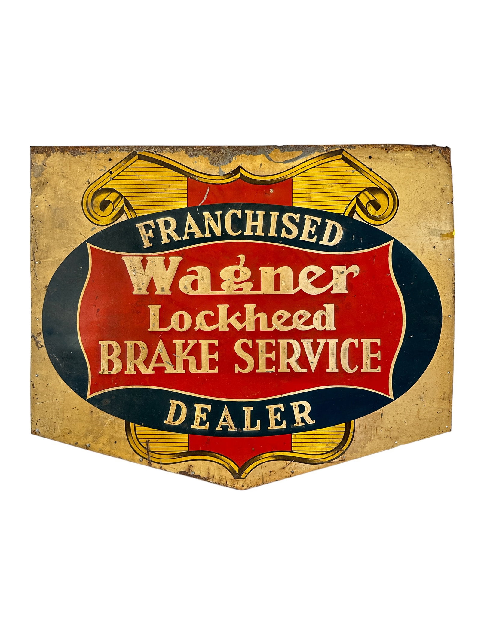 WAGNER BRAKE SERVICE SIGN: WAGNER LOCKHEED BRAKE SERVICE FRANCHISED DEALER TIN EMBOSSED SINGLE SIDED SIGN. 30"X36"
