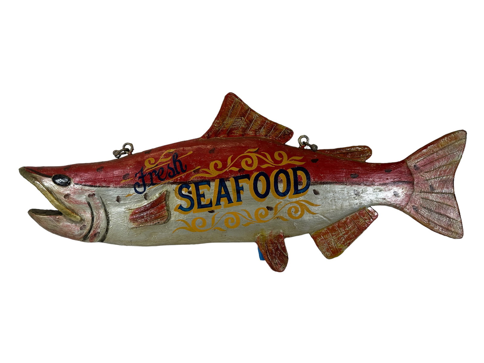 FRESH SEAFOOD WOODEN SIGN: LARGE FRESH SEAFOOD TRADE SIGN, HAND-PAINTED. PROVENANCE: RED LOBSTER, BRADENTON, FLORIDA, PRIOR TO 1990 RENOVATION. DOUBLE SIDED WITH TOP HOOKS. 60"L