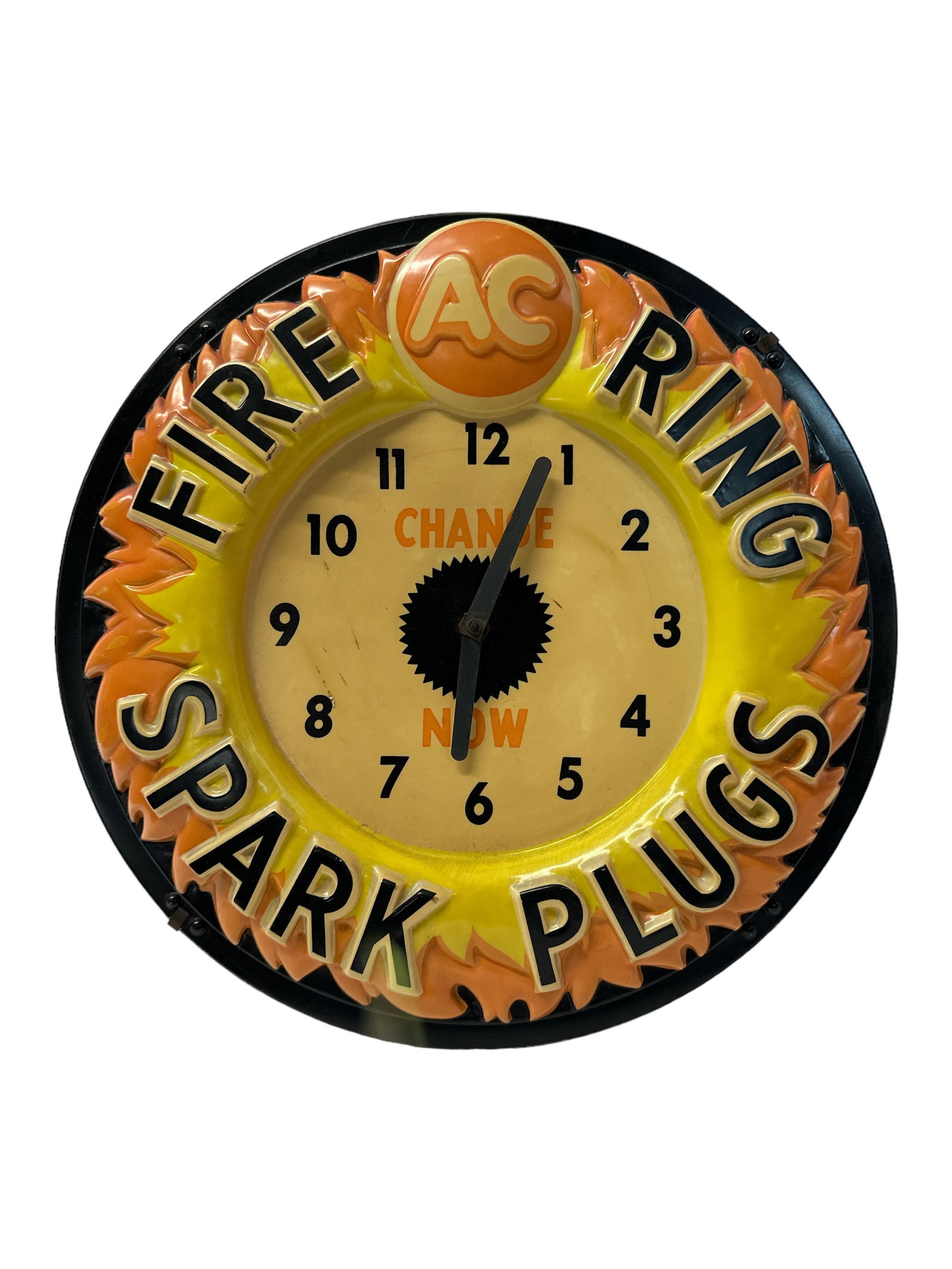 AC SPARK PLUGS ADVERTISING CLOCK: AC FIRE RING SPARK PLUGS LIT ADVERTISING CLOCK. IN WORKING CONDITION. 16"