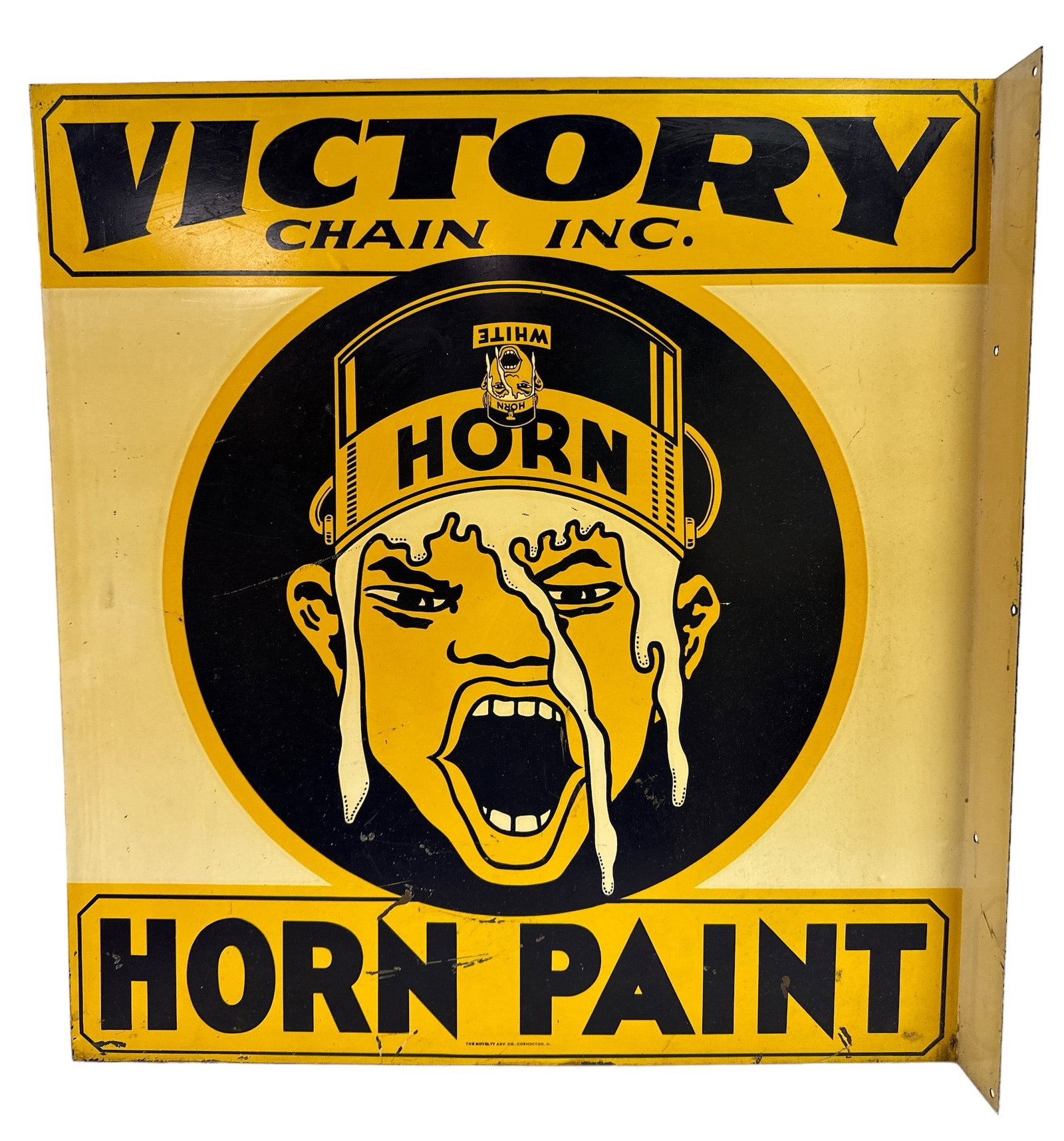 VICTORY CHAIN INC. HORN PAINT SIGN: DOUBLE SIDED FLANGE SIGN, THE NOVELTY ADVERTISING CO., COSHOCTON, OHIO. 22"X23"