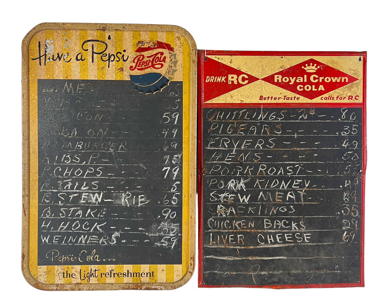 PEPSI - RC COLA MENU BOARDS: PAIR OF COLA MENU CHALK BOARDS, RETAINING TODAY'S MENU. LARGEST IS 27"X19.5"