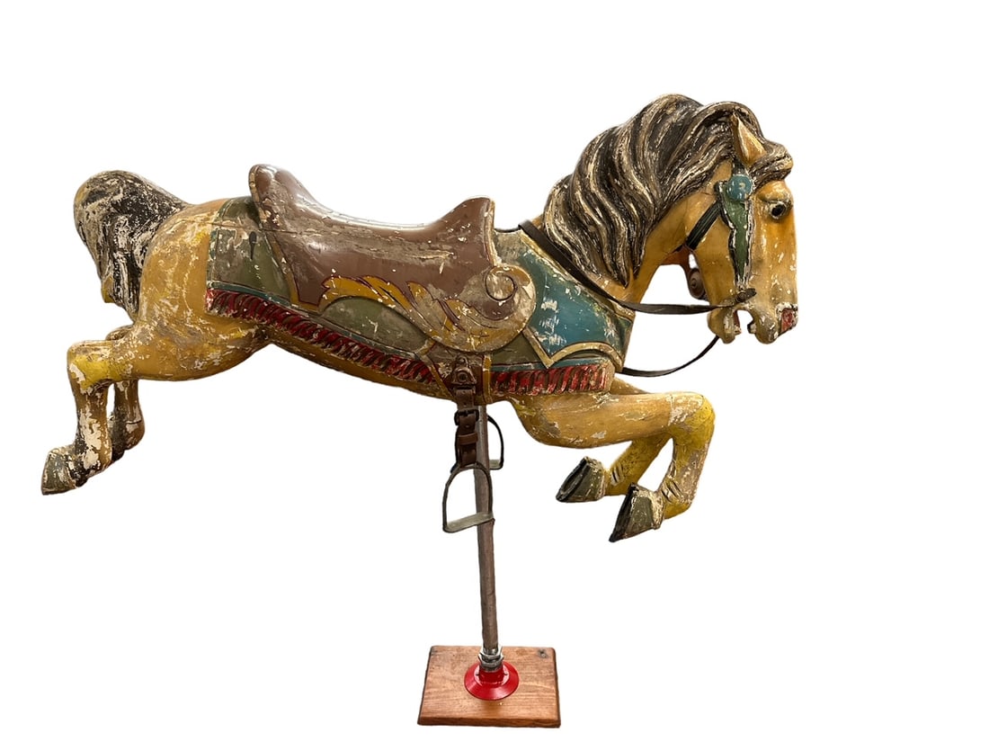 ANTIQUE CAROUSEL HORSE: PATINA AND WEAR CONSISTENT WITH AGE AND HANDLING. 57"L