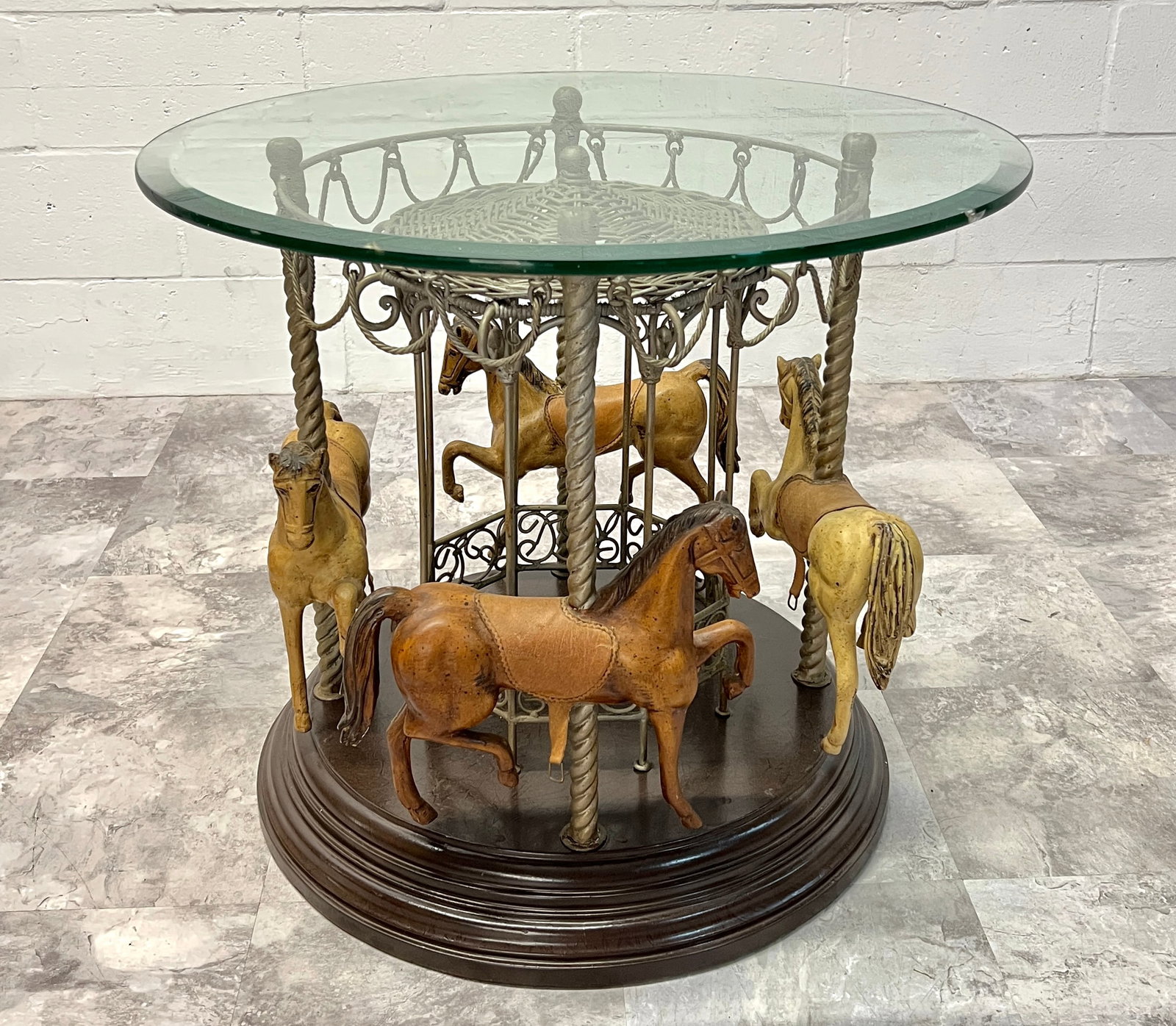 CAROUSEL NOVELTY SIDE TABLE: GLASS TOP WITH CAROUSEL MOTIF BASE. 25"H, 28" TOP