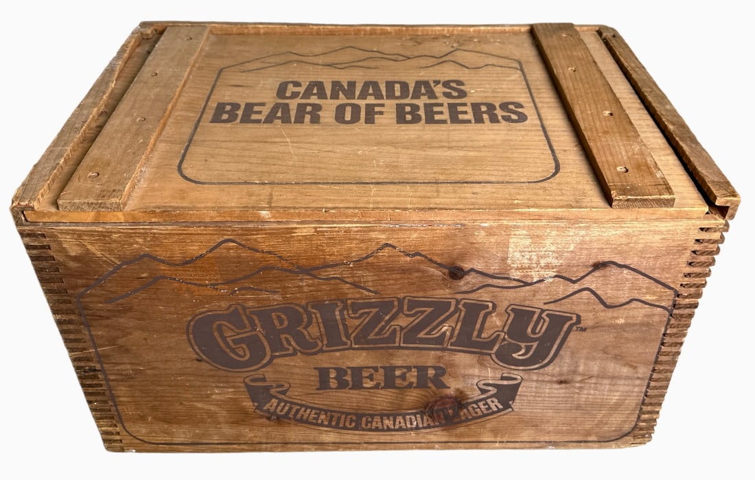 GRIZZLY BEER WOODEN CRATE: SLIDING LID. 18"X12"X10"