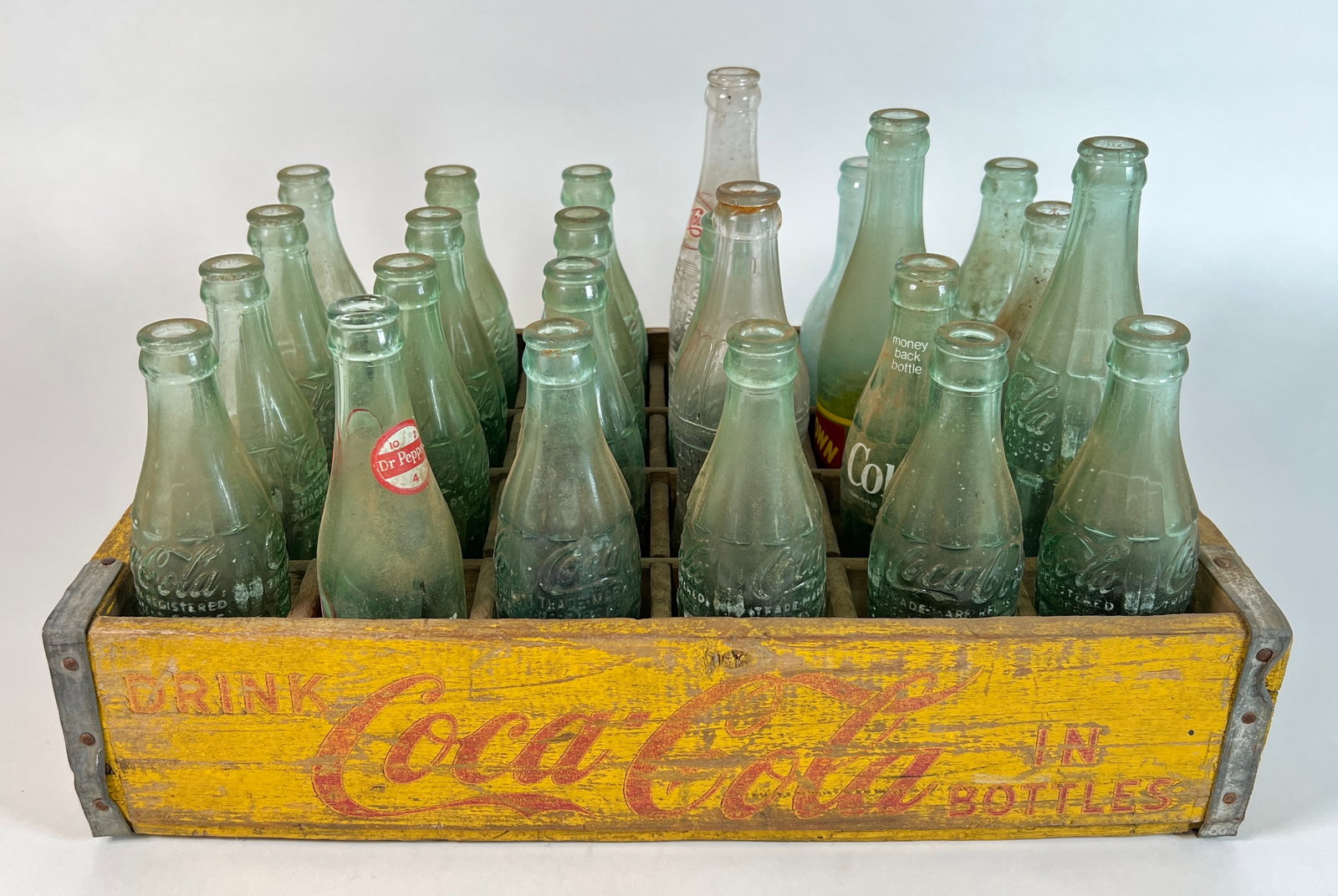 VINTAGE SODA BOTTLE COLLECTION: WITH WOODEN CRATE.