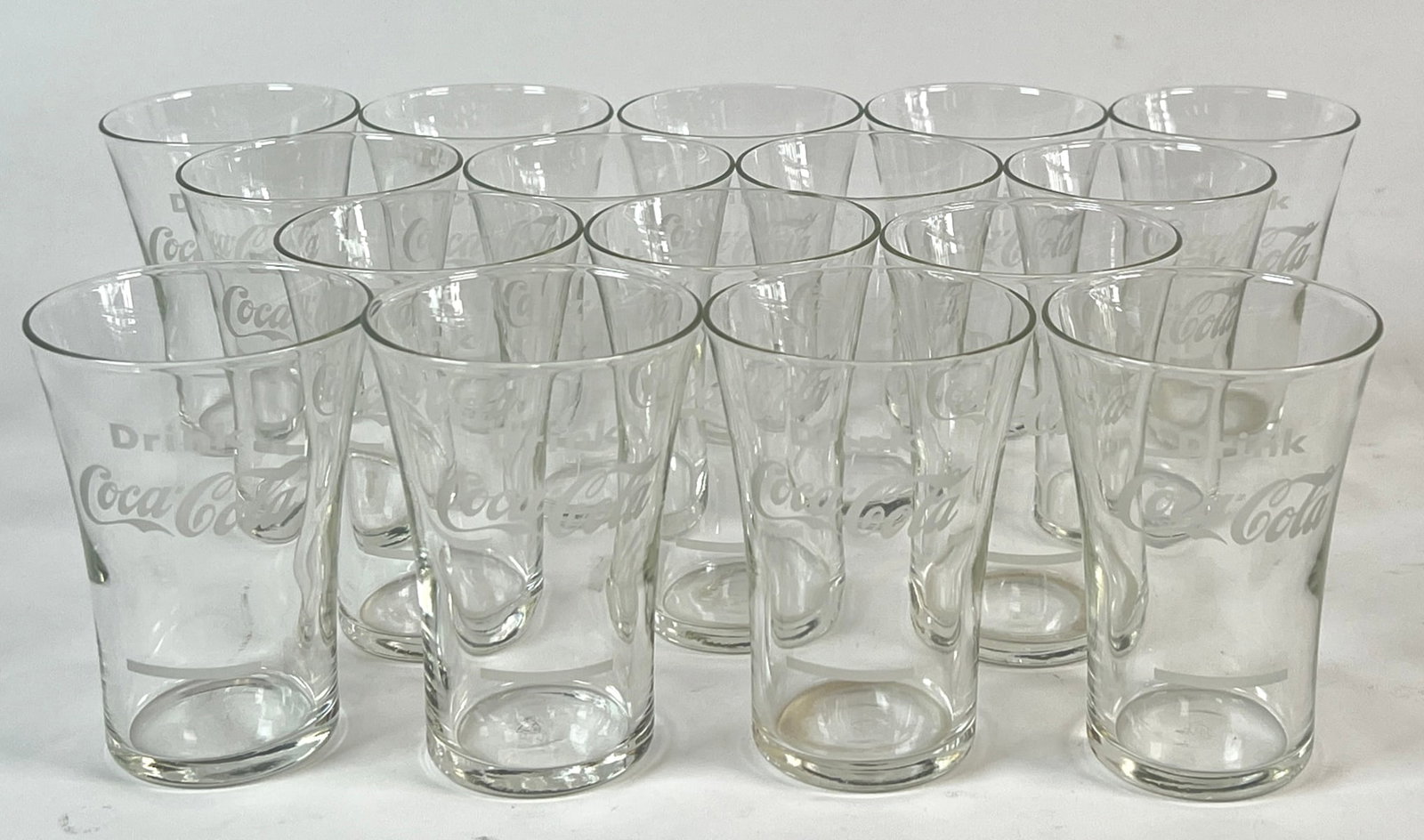 VINTAGE COCA-COLA GLASSES: COLLECTION OF 16 VINTAGE COCA-COLA FLUTED GLASSES, ETCHED GLASS.