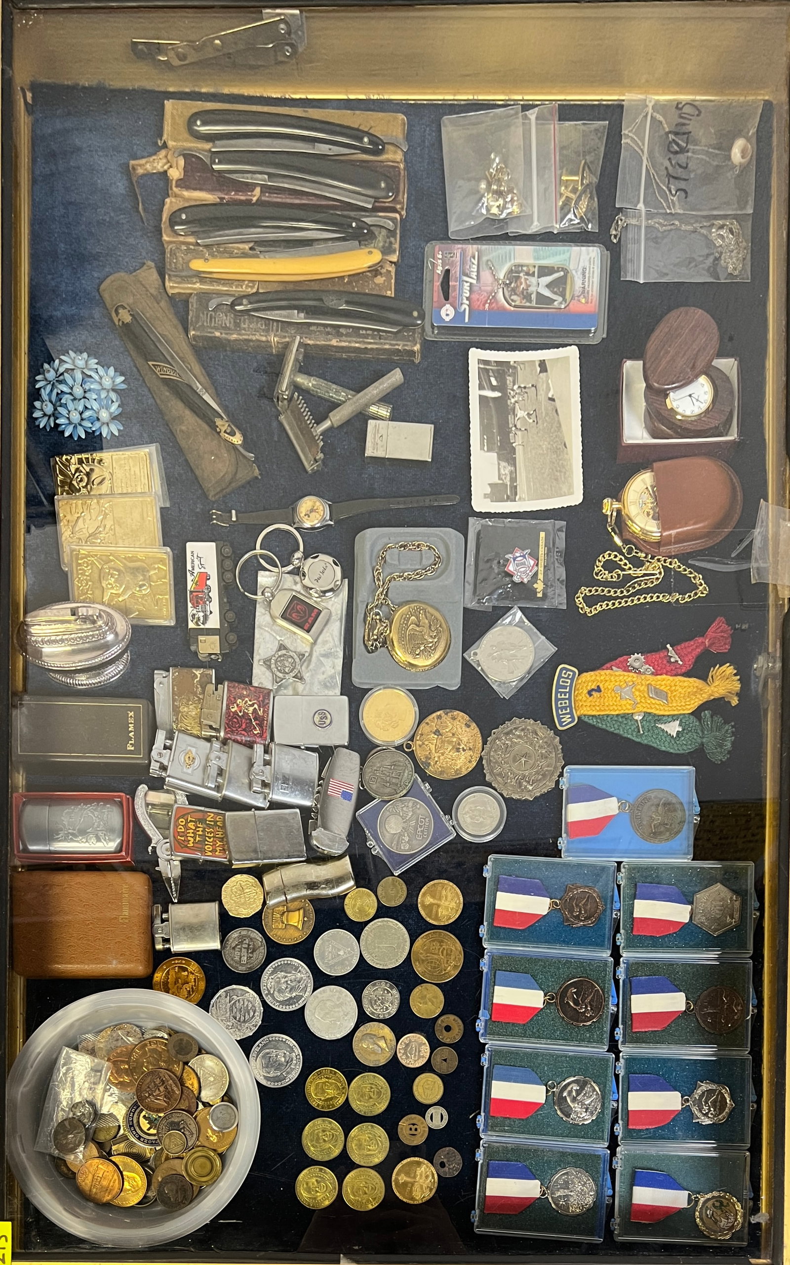 GENTLEMAN'S JUNK DRAWER COLLECTION: COINS, MEDALS, LIGHTERS, POCKETWATCHES, STRAIGHT RAZORS, JEWELRY.
