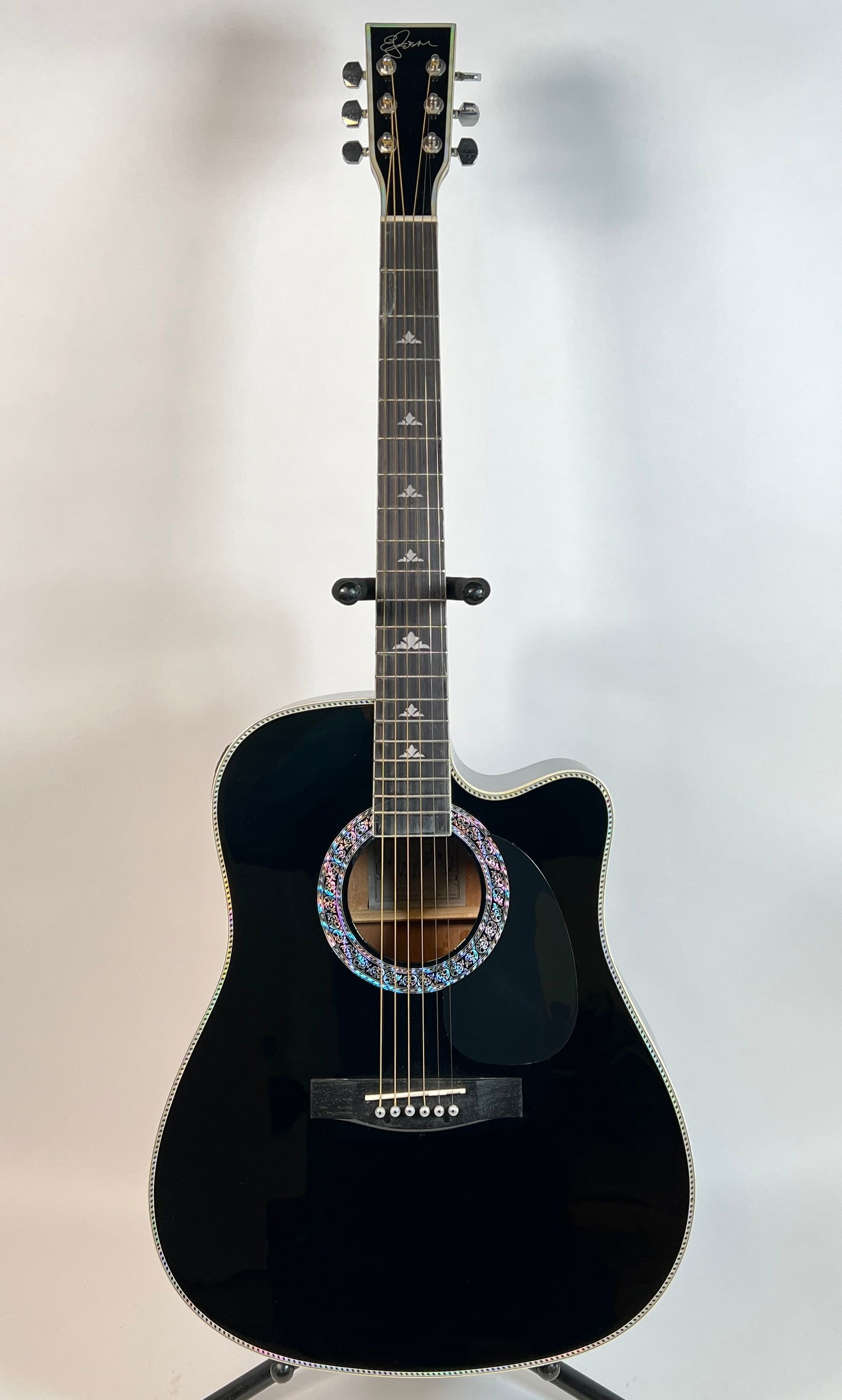 ESTEBAN BLACK SILVER ACOUSTIC GUITAR: AS NEW WITH SEMI-HARD CASE, CERTIFICATE.