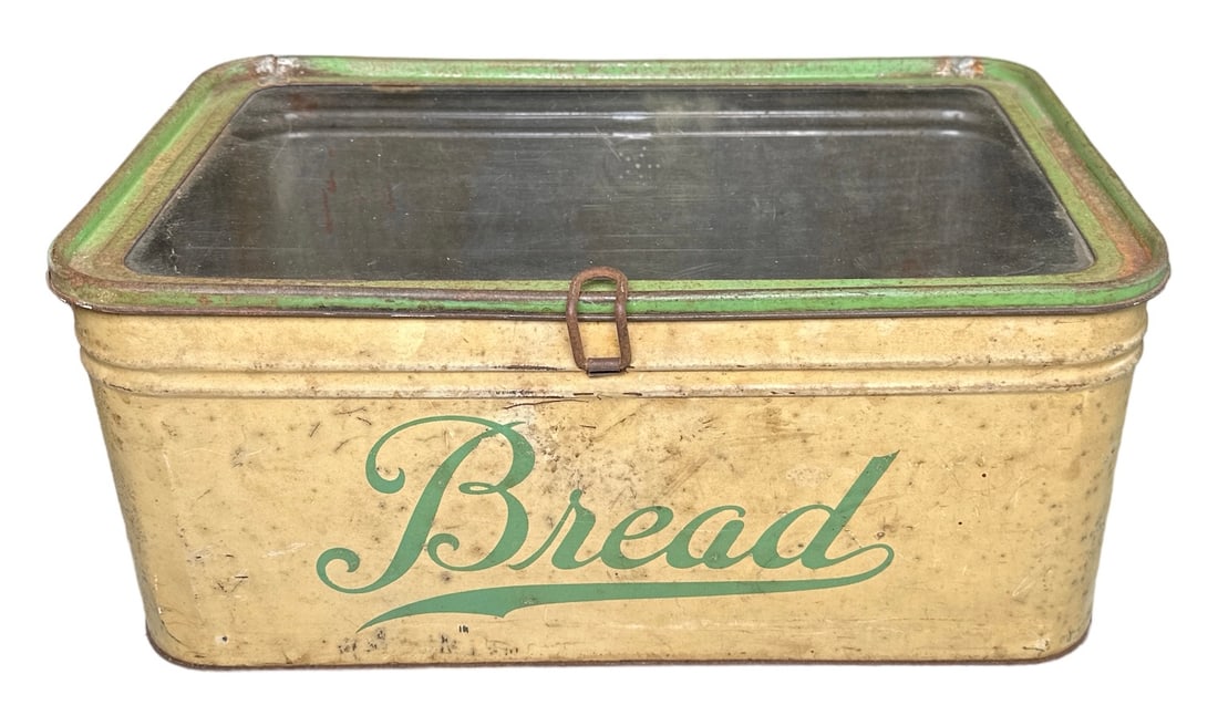 VINTAGE BREAD BOX: METAL BOX WITH HINGED CLEAR LID. 15"X10"X7"