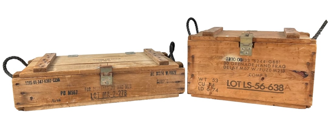 MILITARY AMMUNITION CRATES: M1 AND M29 MORTARS AND GRENADE HAND FRAG. 19"X11"X11" AND 26"X13"X7"