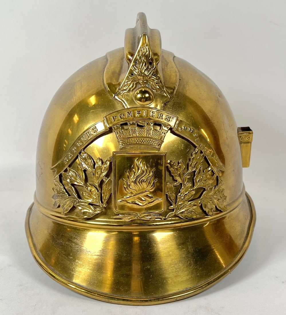 FRENCH FIREMAN'S BRASS HELMET: LATE 19TH CENTURY, VERY CLEAN CONDITION.