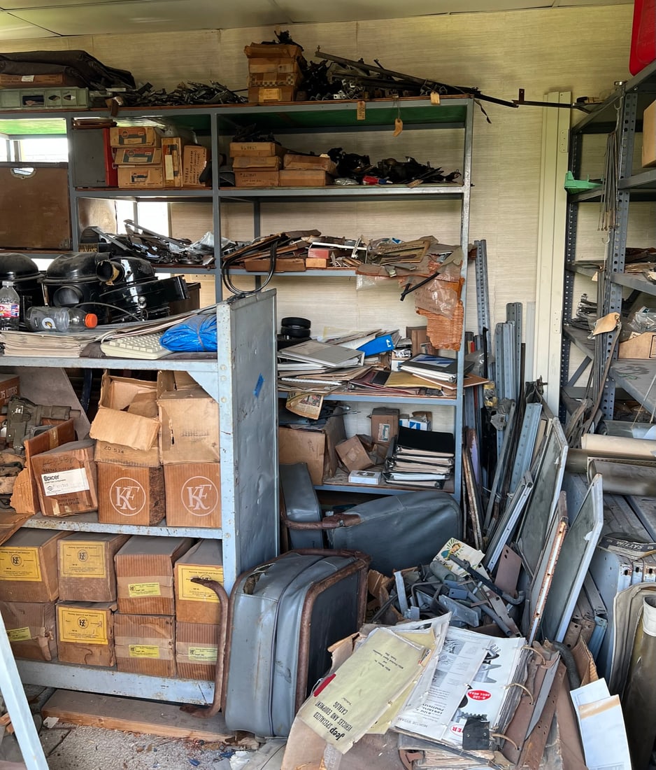 Jeep - Willys 4WD parts house - lot: A huge lot now stored in a 12'x40' building. Includes trim, hubcaps, fuel system, doors/body. Hoods in the north room are not included but are sold as lot 468a. Florida Four Wheel Drive & Truck Parts