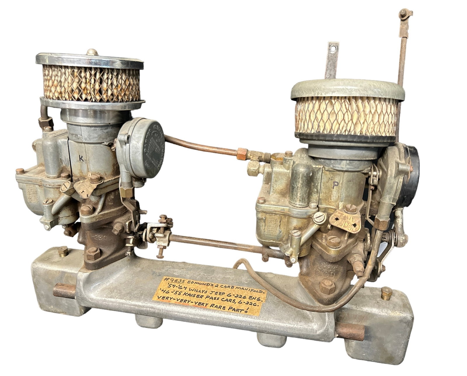 RARE EDMUNDS 2 CARBURETOR MANIFOLD: SCARCE PART #9E-35 INTAKE MANIFOLD BY EDMUNDS FOR THE 1954-64 WILLYS JEEP 6-226 AND 1946-55 KAISER PASSENGER CAR 6-226. CARTER WA-1 CARBS.