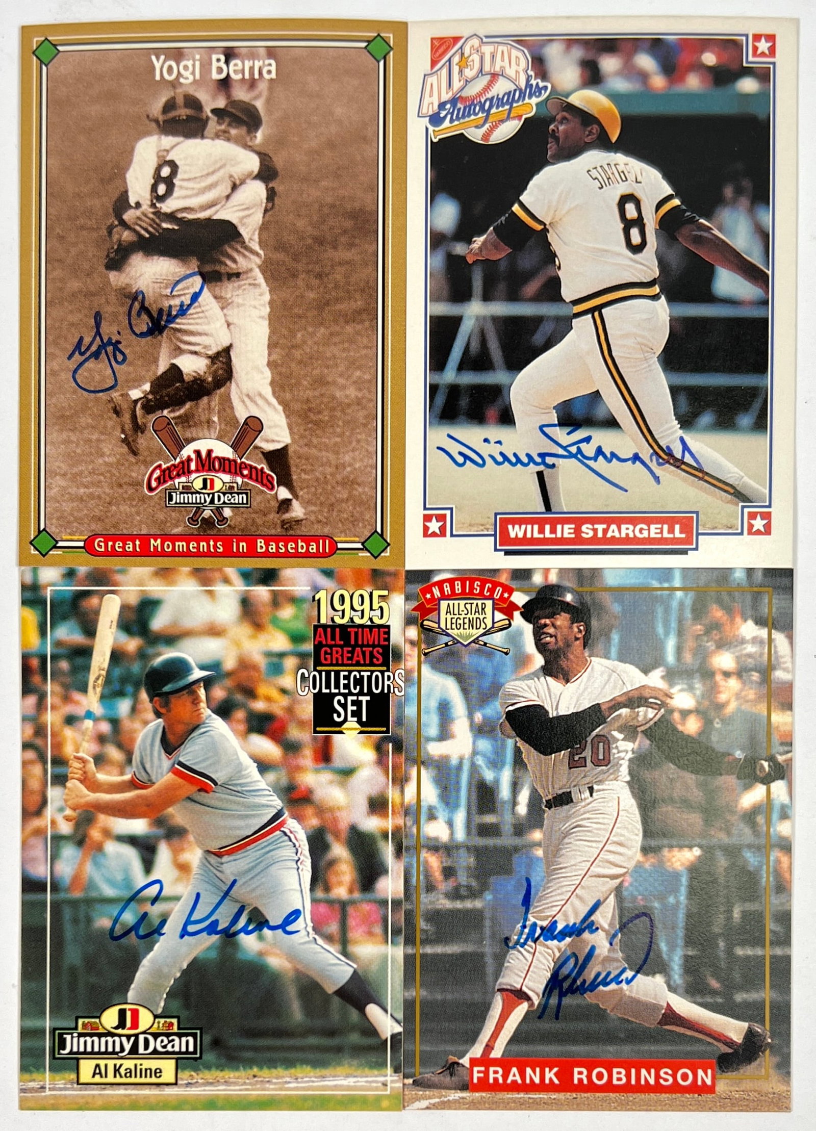 BASEBALL HALL OF FAMER SIGNED CARDS: 1995 JIMMY DEAN AL KALINE, 1994 NABISCO FRANK ROBINSON, 1993 NABISCO WILLIE STARGELL, 1997 JIMMY DEAN YOGI BERRA