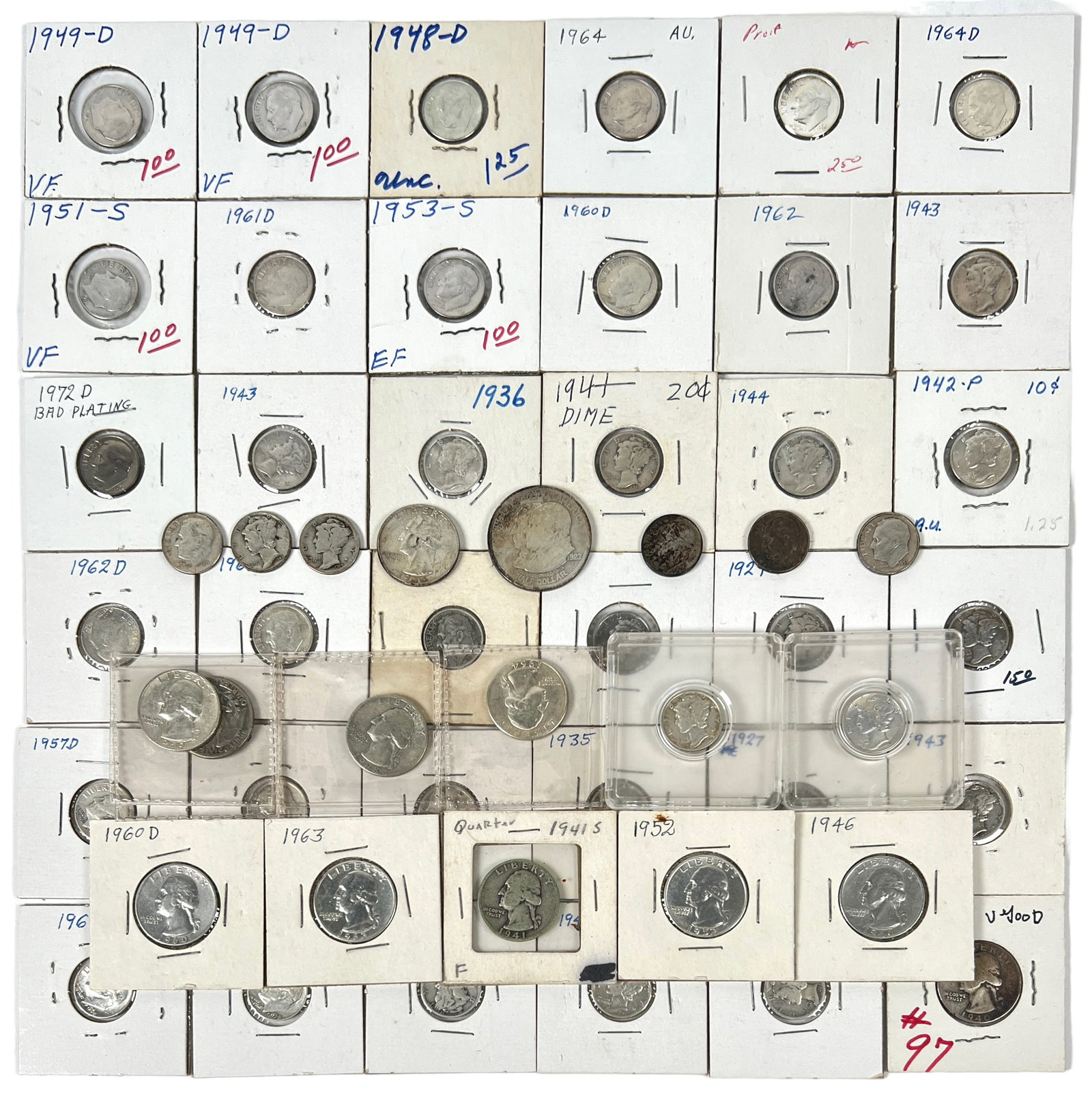 U.S. SIVER COIN COLLECTION: $7.80 IN FACE VALUE INCLUDING MERCURY DIMES, ROOSEVELT DIMES, WASHINGTON QUARTERS, MONROE COMMEMORATIVE HALF DOLLAR