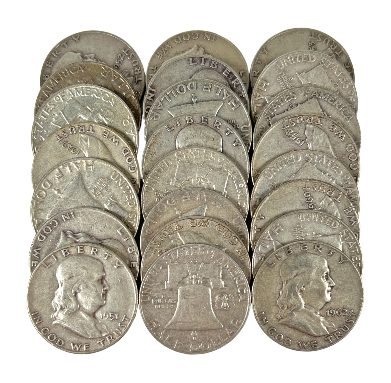 FRANKLIN SILVER HALF DOLLAR COLLECTION: MIXED DATES, 90% SILVER, $11.50 FACE VALUE, 23 COINS.
