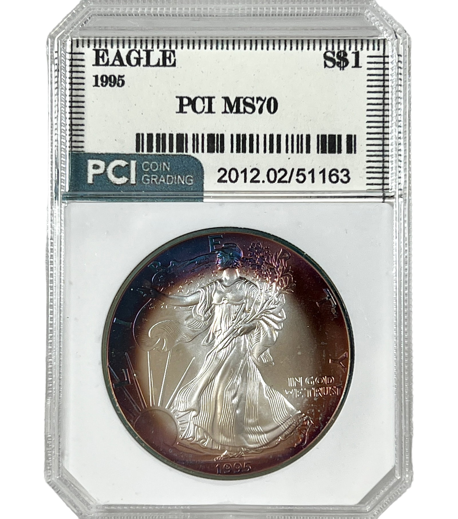 1995 AMERICAN SILVER EAGLE MS70: TARGET TONED OBVERSE, MS70 BY PCI