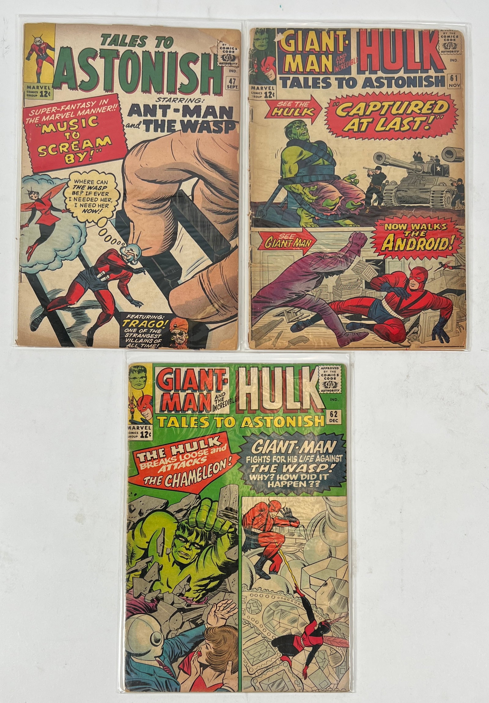 Silver Age Tales to Astonish: Early appearances of Hulk,Antman/Giantman,Wasp #s47(1963)2nd appearance of WaspG+,61(1964)1st Major Glen Torbet,62(1964)VG+,first appearance Leader