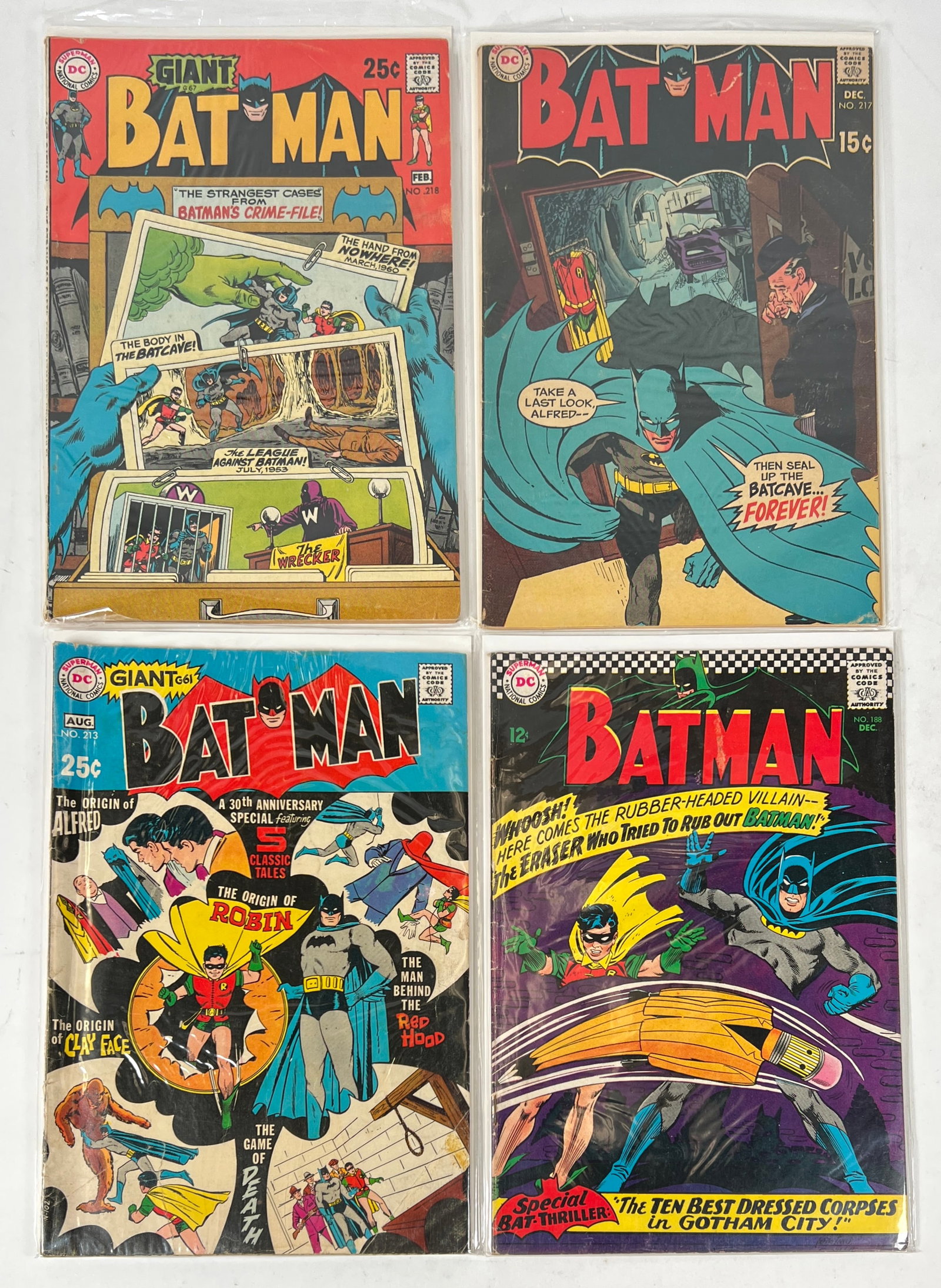 Silver/Bronze Age Batman Comics: #s188(1966)VG+,213(1969)25 cent giantVG+,217last Neal Adams Batman,FN-,218(1970)25 cent giantFN-