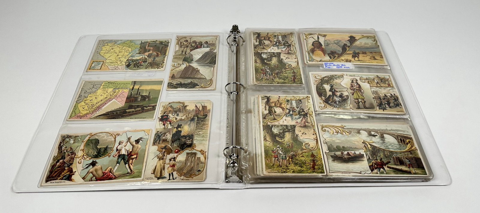 POSTCARD COLLECTION - DETAILS IN DESCRIPTION: Approximately 130+ Victorian trade cards and scrip/calling cards. Includes: Colonial, Indians, State Maps and Territories, Advertising for Coffee, Stoves and Ranges, Medical products, Soap, Sewing Mac