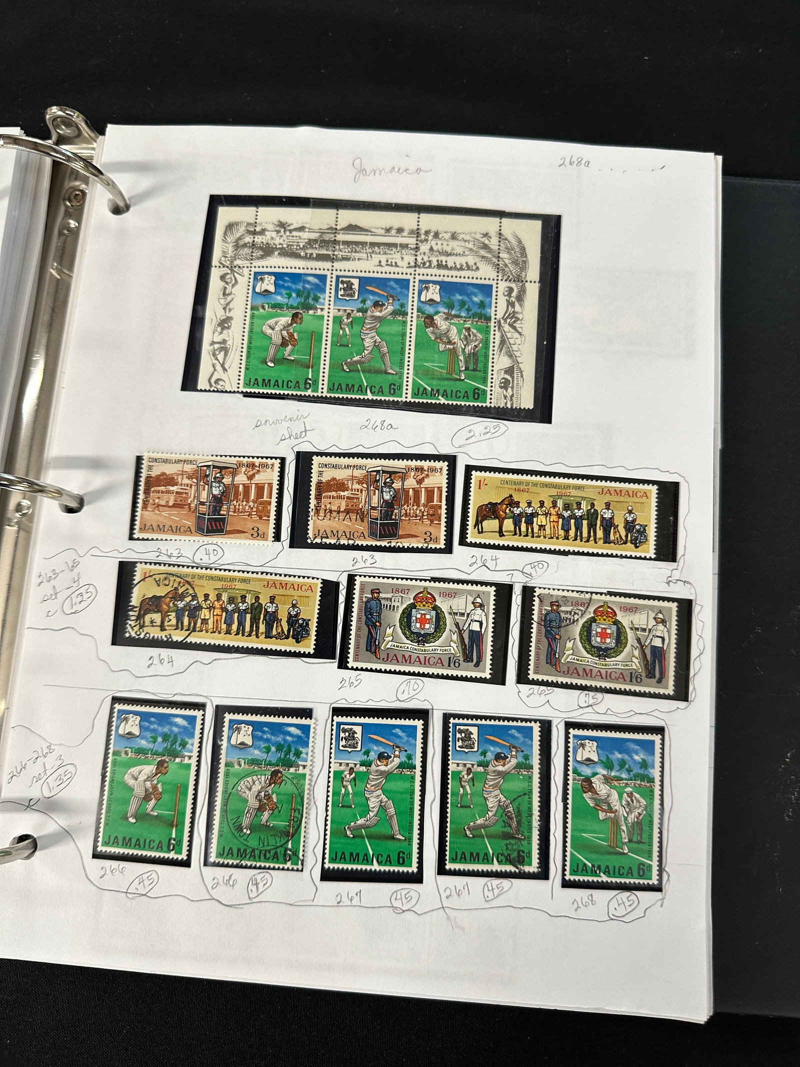 POSTAGE STAMP COLLECTION - DETAILS IN DESCRIPTION: CATALOGUED STAMP COLLECTION IN ALBUM, JAMAICA, JORDAN, KATANGA. CATALOG VALUE $2,240.00