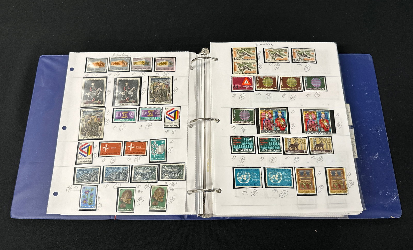 POSTAGE STAMP COLLECTION - DETAILS IN DESCRIPTION: CATALOGUED STAMP COLLECTION IN ALBUM, HUNGARY, LUXEMBOURG, LIBYA, LIECHENSTEIN. CATALOG VALUE $3,652