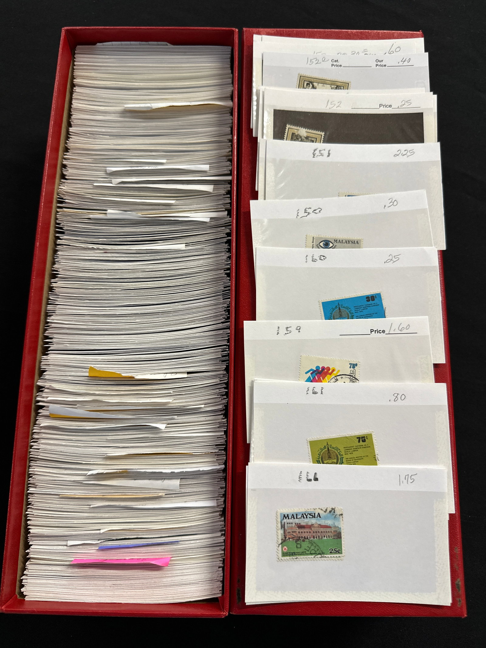 POSTAGE STAMP COLLECTION - DETAILS IN DESCRIPTION: CATALOGUED STAMP COLLECTION, ENVELOPED AND BOXED. MALAYA, MALAYSIA, SENEGAL, SWITZERLAND AND MORE. CATALOG VALUE $1,257
