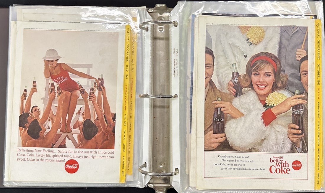 COCA-COLA ADVERTISING ALBUM: OVER 80 SHEET PROTECTOR PAGES IN A THREE RING BINDER, ORIGINAL ADVERTISING, COVERING COCA-COLA ADVERTISEMENTS IN THE NATIONAL GEOGRAPHIC AND OTHER PUBLICATIONS FROM 1933-1977.