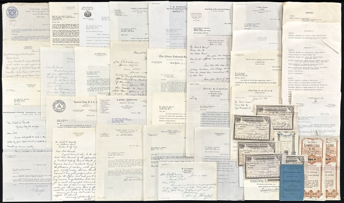 MASONIC ODD FELLOWS EPHEMERA COLLECTION: EARLY 20TH CENTURY, ROSTER, DUES RECEIPTS, MEETING MINUTES, LETTERS, CORRESPONDENCE.