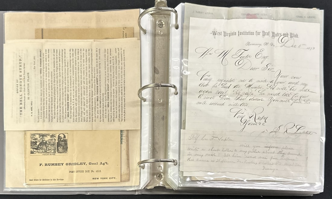 A FINE ADVERTISING EPHEMERA ALBUM: NICELY ORGANIZED EPHEMERA BINDER WITH CONTENTS IN SHEET PROTECTORS, TURN OF THE CENTURY ERA, LETTERHEAD, LABELS, LETTERS, ENVELOPES, BUSINESS FORMS AND MORE. 50+ PAGES.