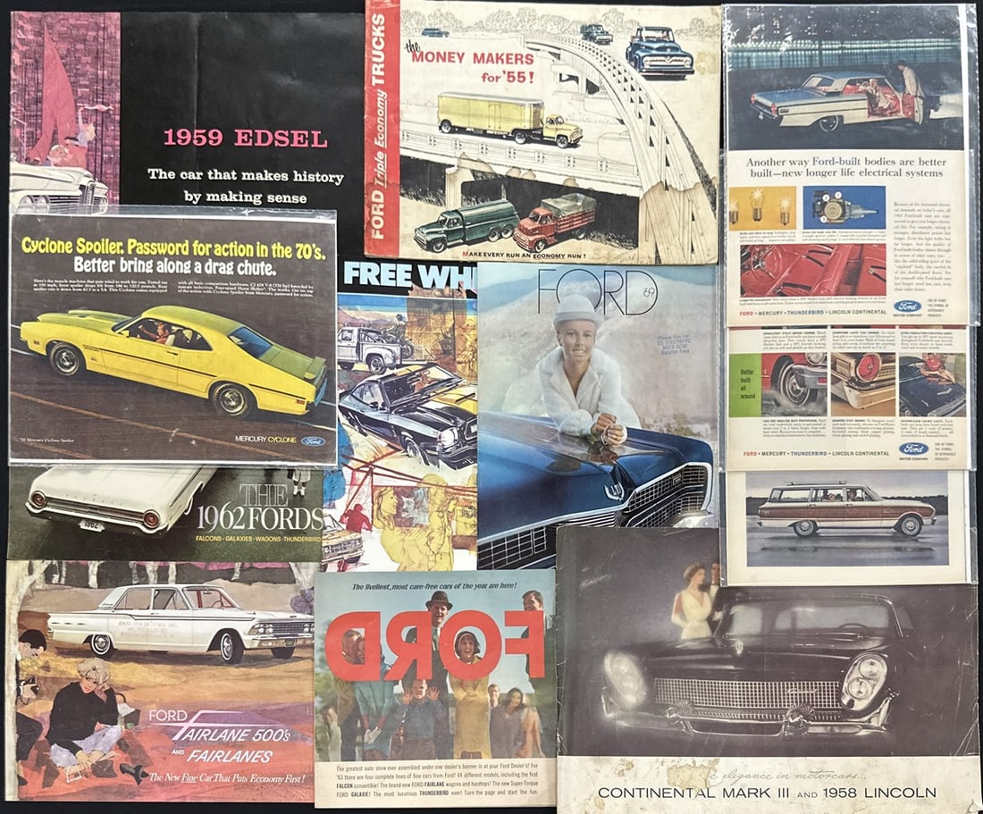 AUTOMOBILIA EMEPHERA COLLECTION: FORD PRODUCTS SALES BOOKLETS, 1961-2 FORD, 1961 FAIRLANE 500'S, 1955 FORD TRIPLE ECONOMY TRUCKS, 1977 FORD LINES, MAGZINE ADVERTISING, 1969 FORD, 1958 LINCOLN, 1959 EDSEL.