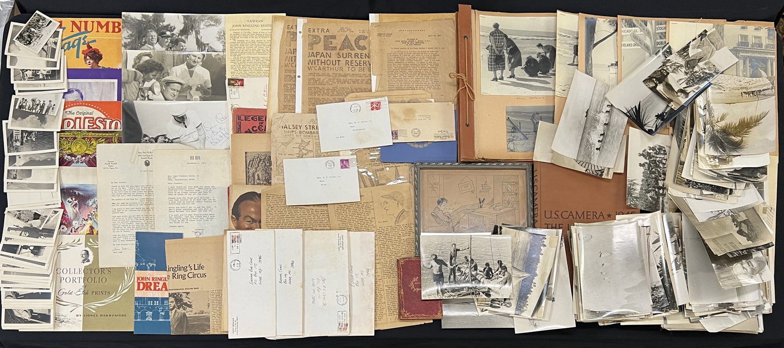 ESTATE COLLECTION OF EPHEMERA PHOTOS: WWII ERA PACIFIC THEATRE MILITARY PHOTOGRAPHS, LETTERS, MAGAZINES, SARASOTA - FLORIDA PHOTO SCRAPBOOK 1952, 1945 U.S.A. AT WAR - U.S. CAMERA AND OTHER ITEMS