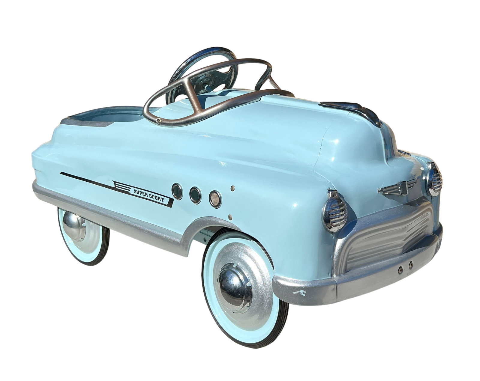 SUPER SPORT PEDAL CAR: CONTEMPORARY PEDAL CAR IN BABY BLUE.