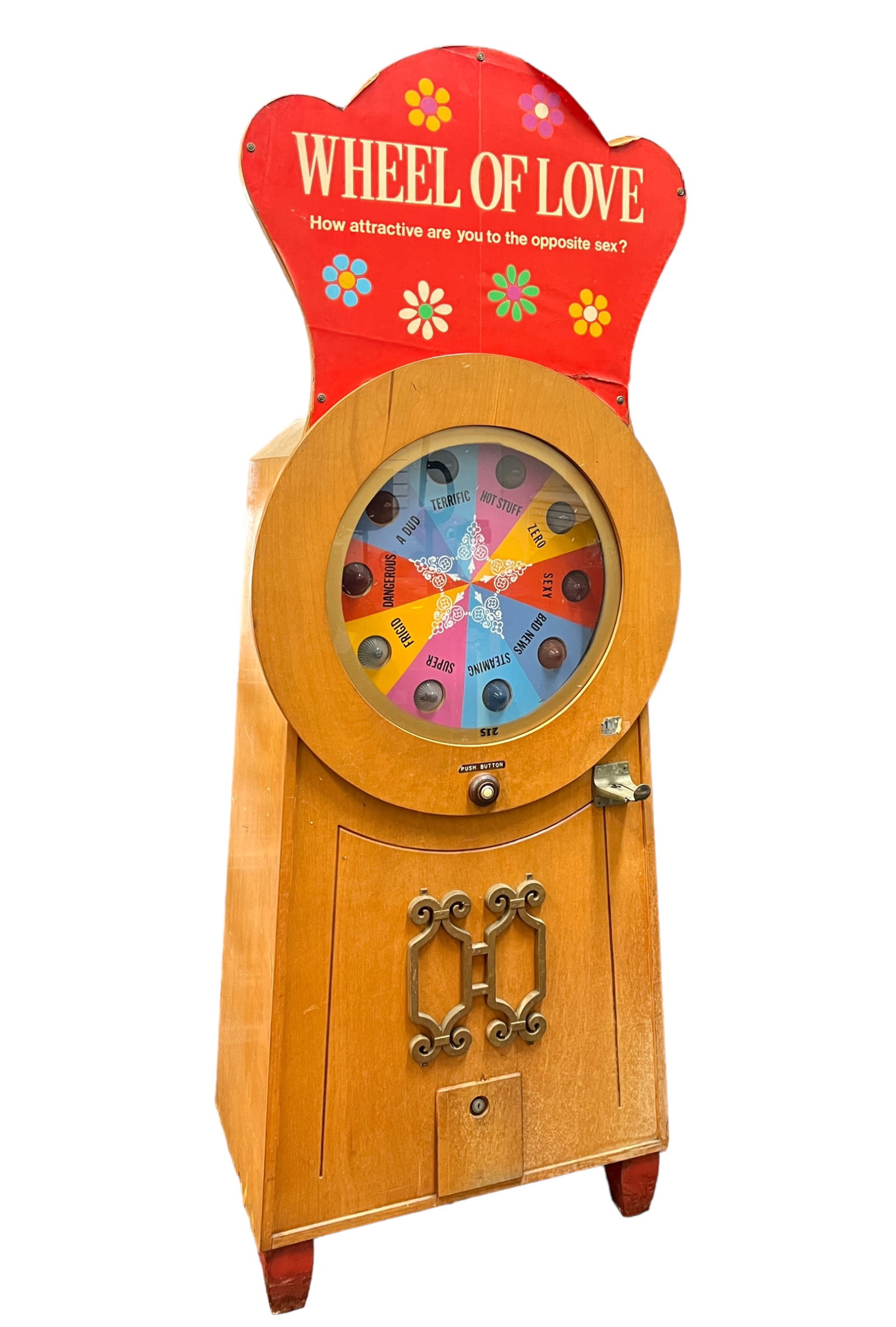 WHEEL OF LOVE COIN-OP GAME: NOVELTY GAME, HOW ATTRACTIVE ARE YOU TO THE OPPOSITE SEX. COIN DROP AND LIGHTS UP AT PUSH BUTTON PLAY. TERMITE/PEST DAMAGE TO AREAS OF THE CABINET.