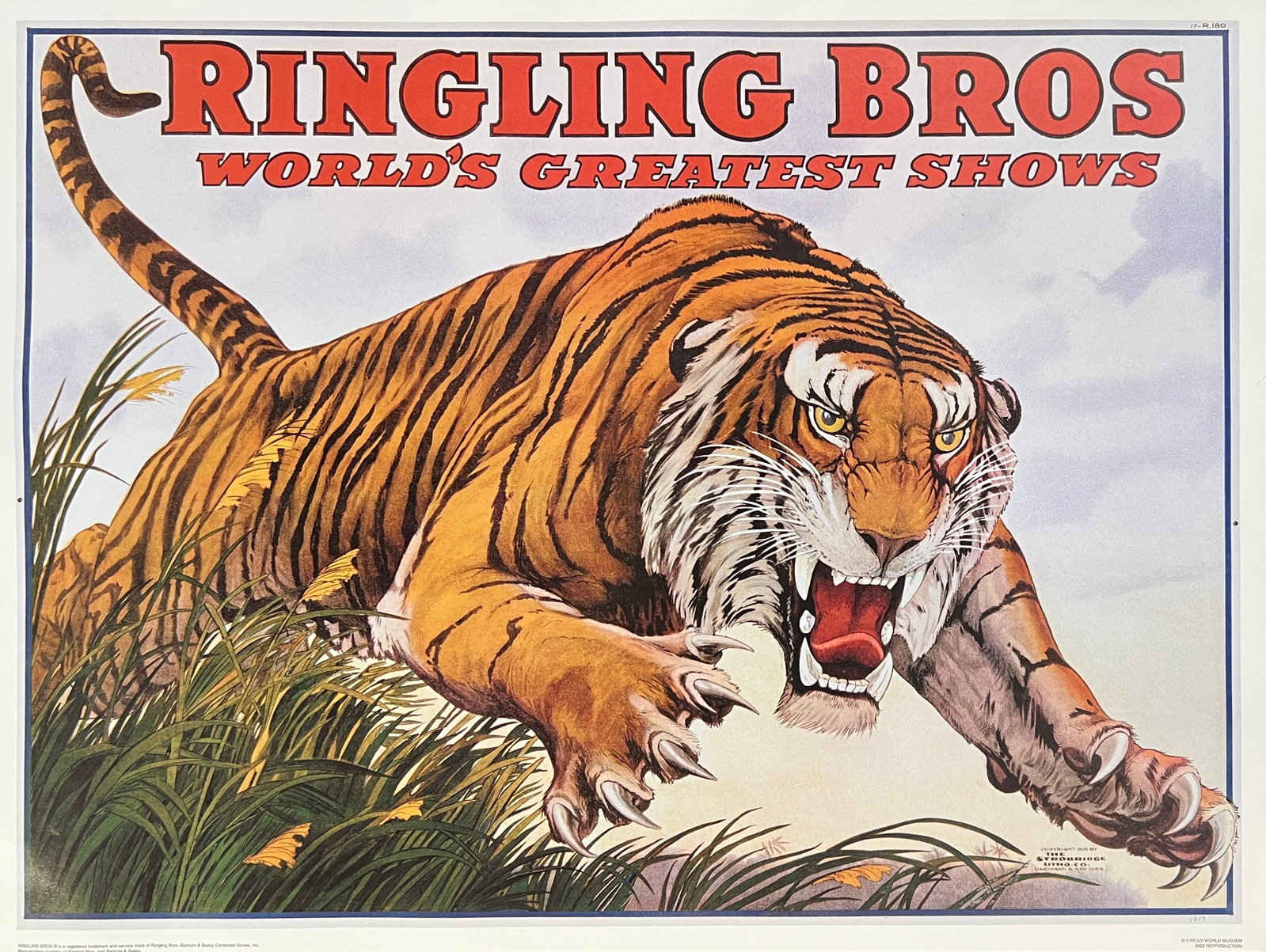 RINGLING BROS. CIRCUS POSTER: RESTRIKE POSTER FEATURING A CHARGING TIGER. UNMOUNTED, 18"X24"