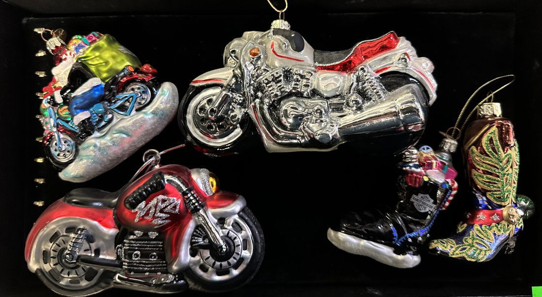 OLD WORLD RADKO CHRISTMAS ORNAMENTS: GROUPING OF GLASS ORNAMENTS, MOTORCYCLES, HARLEY DAVIDSON BOOT, COWBOY BOOT
