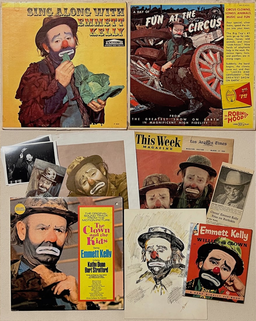 EMMETT KELLY, SR. EPHEMERA LOT.: 1957-1967. Spanning an approx. ten-plus year period, this lot includes an original Rand McNally “Elf” book: Emmett Kelly in Willie The Clown (1957) - VG+/EXC - three different 12” vi
