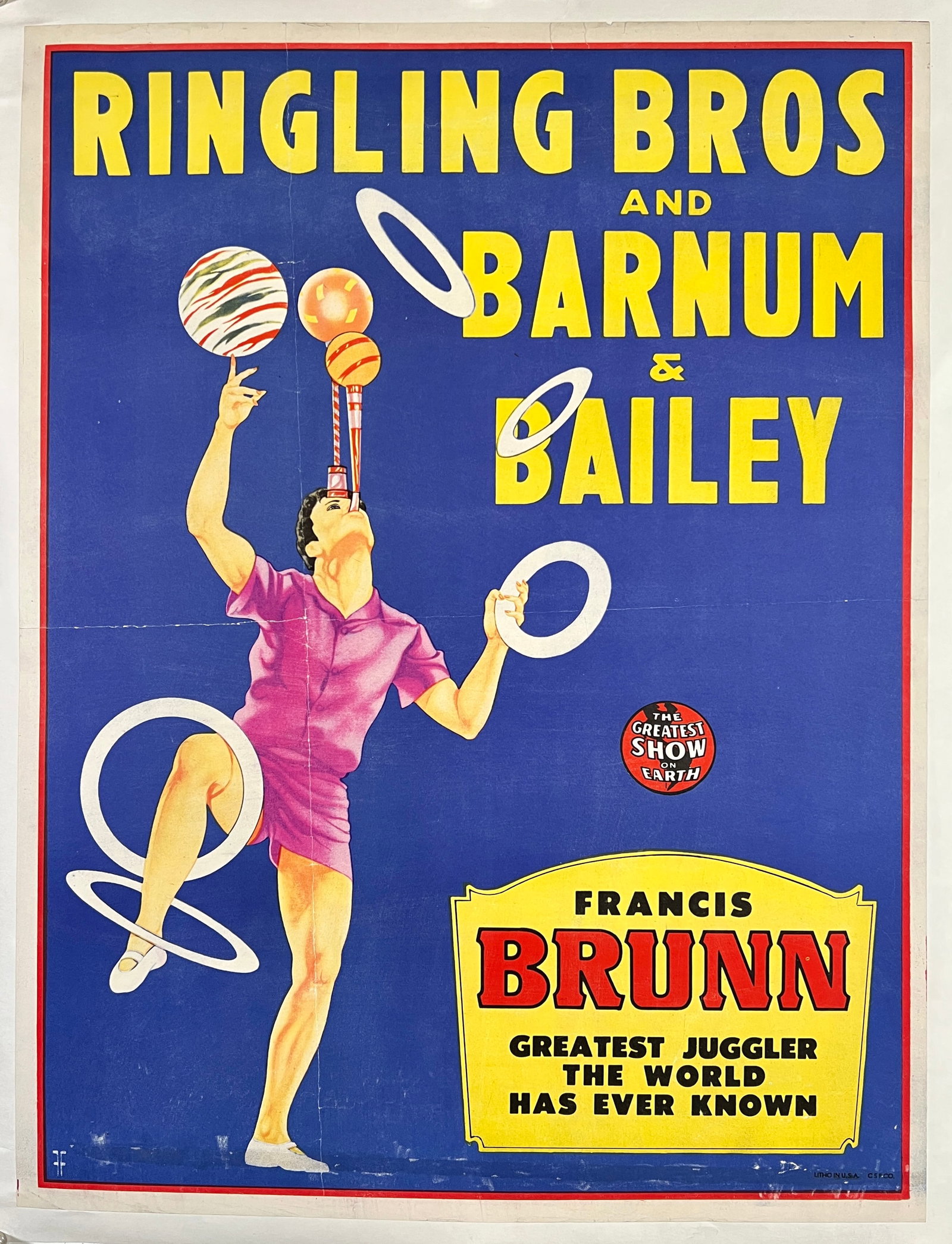 RINGLING BROS. BARNUM BAILEY CIRCUS POSTER: AUTHENTIC, ORIGINAL, HALF SHEET, FOREST FREELAND, 1949. RBBB TITLE FEATURING FRANCIS BRUNN, GREATEST JUGGLER THE WORLD HAS EVER KNOWN. PROFESSIONALLY CONSERVED ON ARCHIVAL LINEN, EVIDENT FOLDS AS ISSU