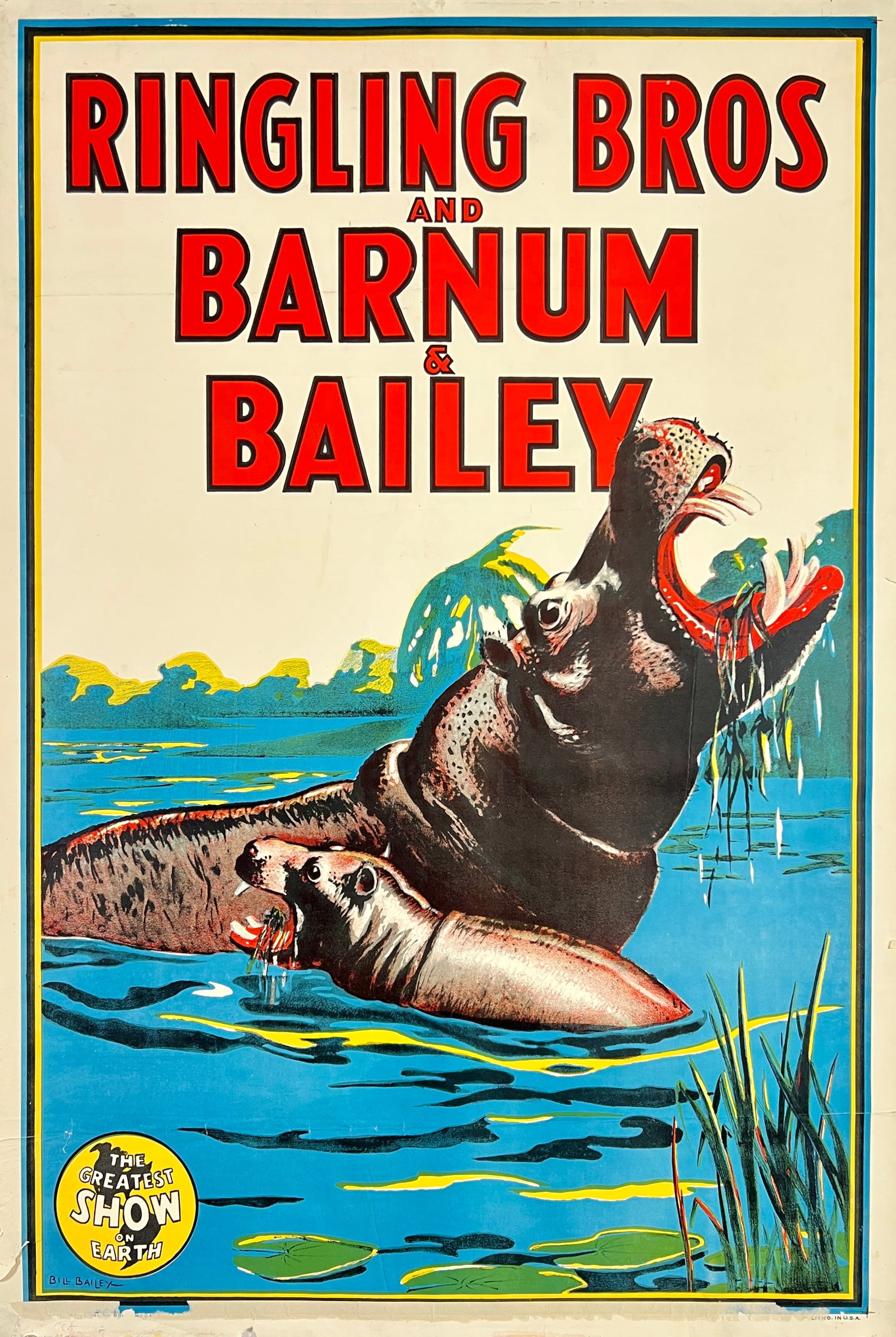 RINGLING BROS. BARNUM BAILEY CIRCUS POSTER: AUTHENTIC, ORIGINAL, ONE SHEET, BILL BAILEY DESIGN, 1945. RBBB TITLE WITH HIPPOS AT THE WATER. UNMOUNTED, CHIPPING AND LOSS AT MARGINS. APPROXIMATELY 28"X42"