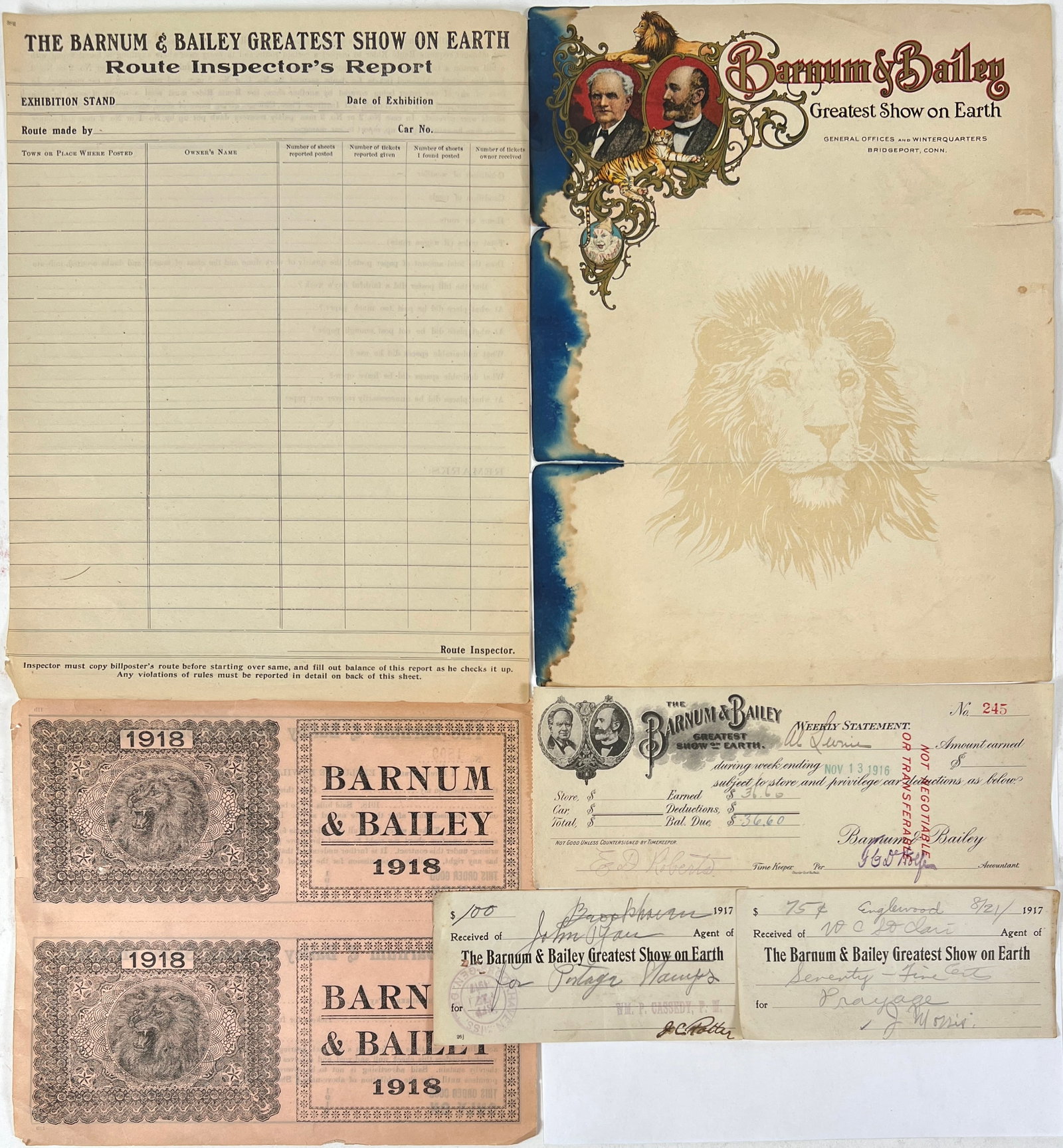 P.T. BARNUM MEMORABILIA - EPHEMERA: 1918 BILLPOSTER SLIPS, 1916 WEEKLY STATEMENT, PAY SLIPS 1917, LETTERHEAD. LETTERHEAD HAS INK STAINING IN THE LEFT FIELD.