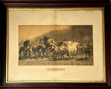 ROSA BONHEUR ETCHING: THE HORSE FAIR,C.1890. ROSA BONHEUR (FRENCH, 1822-1899). DISPLAYED IN A WOOD FRAME WITH GILT TRIM AND MAT. HAS NOT BEEN EXAMINED OUTSIDE OF FRAME. 29"X37"