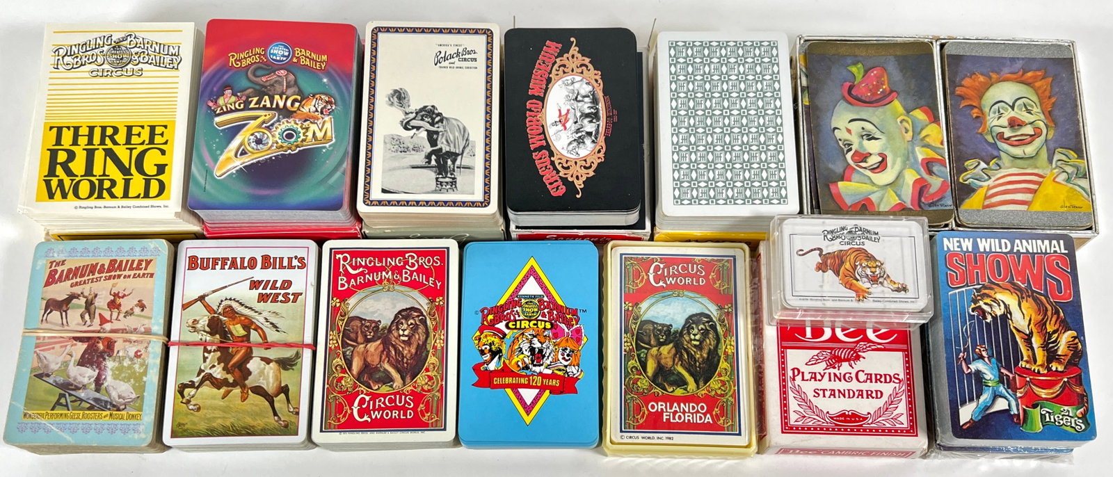 COLLECTION OF CIRCUS PLAYING CARDS: RBBB, BUFFALO BILL, CIRCUS WORLD, CIRCUS CIRCUS CASINO, BARNUM & BAILEY, POLACK BROS., EL CIRCO AND OTHERS