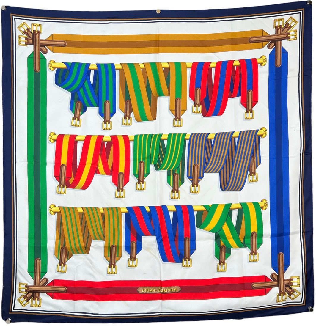 HERMES SILK SCARF: HERMES, LES SANGLES. SCATTERED STAINING. 35"X35"