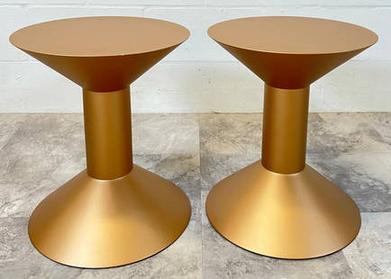 JORGE PENSI FOR CICCARBE SHAPE TABLES: PAIR OF COPPER TONED HOURGLASS TABLES, LABELED. 17"H, 15"DIA.