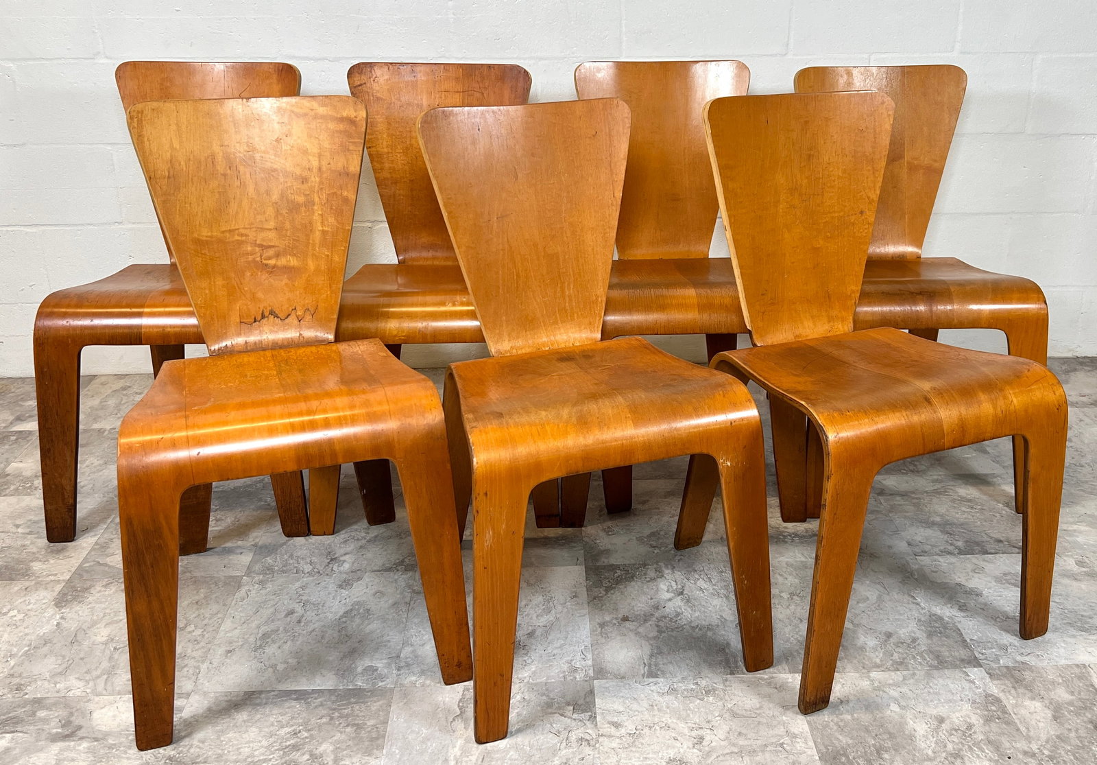 THADEN JORDAN BENT PLY CHAIRS: THADEN JORDAN MODEL 102 BIRCH BENT-PLY CHAIRS, WITH REMOVEABLE BACKS, C.1970. WEAR CONSISTENT WITH AGE.