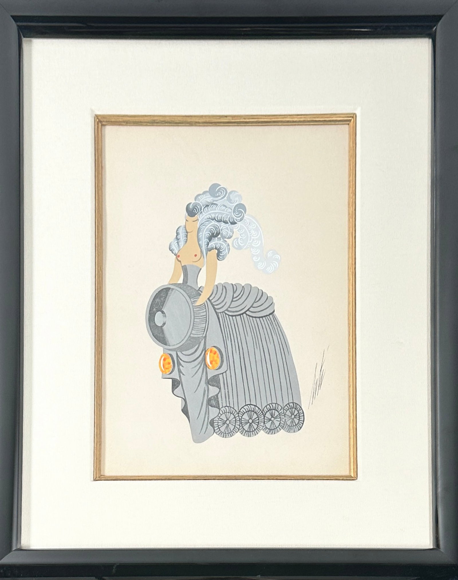 ROMAN PETROVICH TYRTOV ERTE GOUACHE: ERTE (RUSSIAN/FRENCH, 1892-1990) ORIGINAL GOUACHE ON PAPER DEPICTING A SEMI-NUDE WOMAN IN SIMULATED TRAIN WARDROBE. SIGNED LOWER RIGHT WITH ARTIST STAMP ON VERSO. IMAGE 10"X14, FRAMED 22"X27"