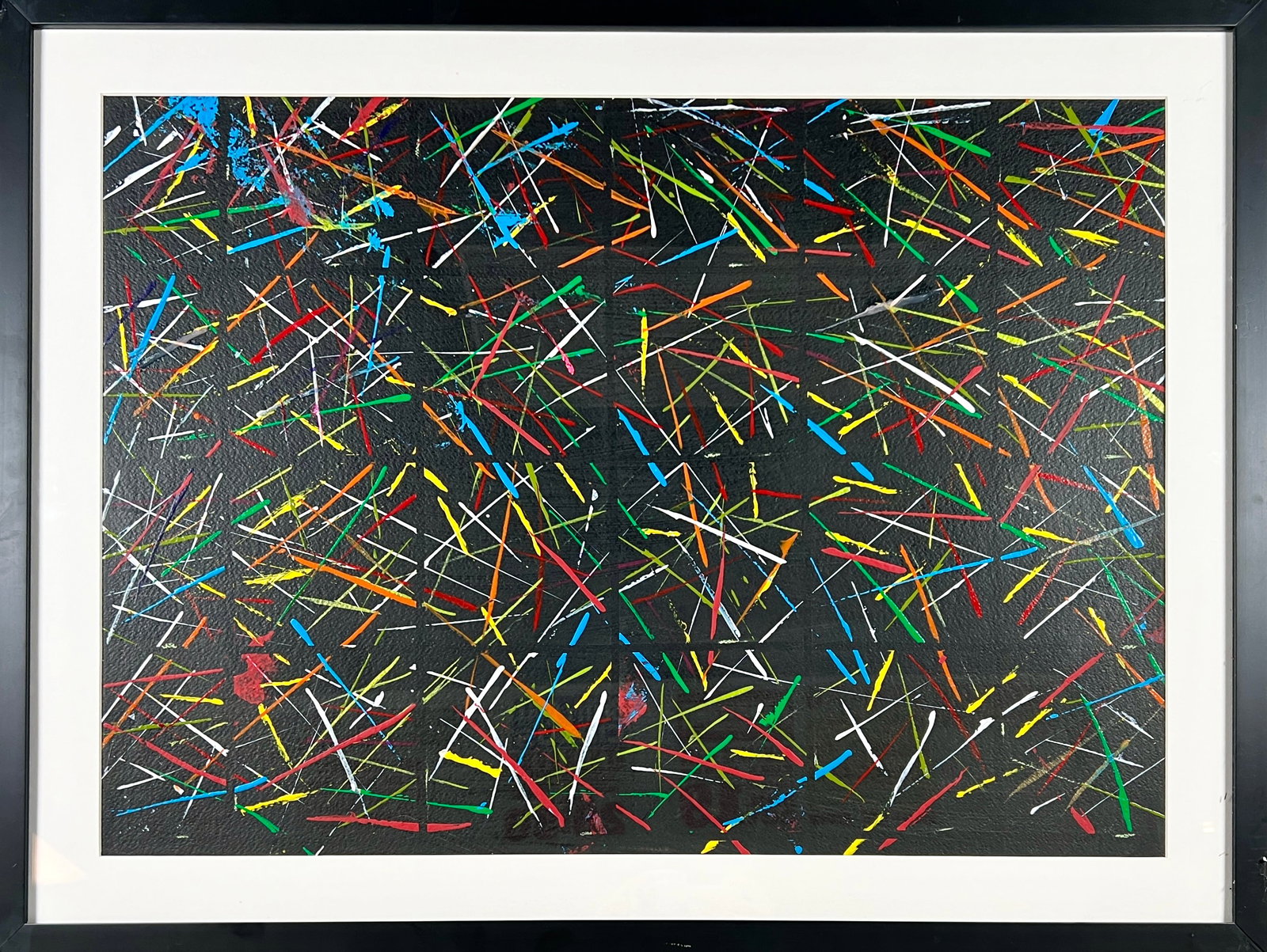 ABSTRACT PAINTING: SIGNED VAL. TITLE: NIGHT LIGHTS. ACRYLIC ON PAPER, FRAMED, 27"X35"