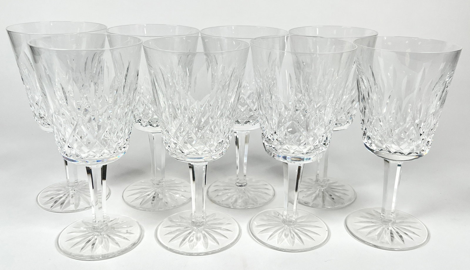 WATERFORD CRYSTAL LISMORE: 8 WINE WINE GLASSES. 7"H