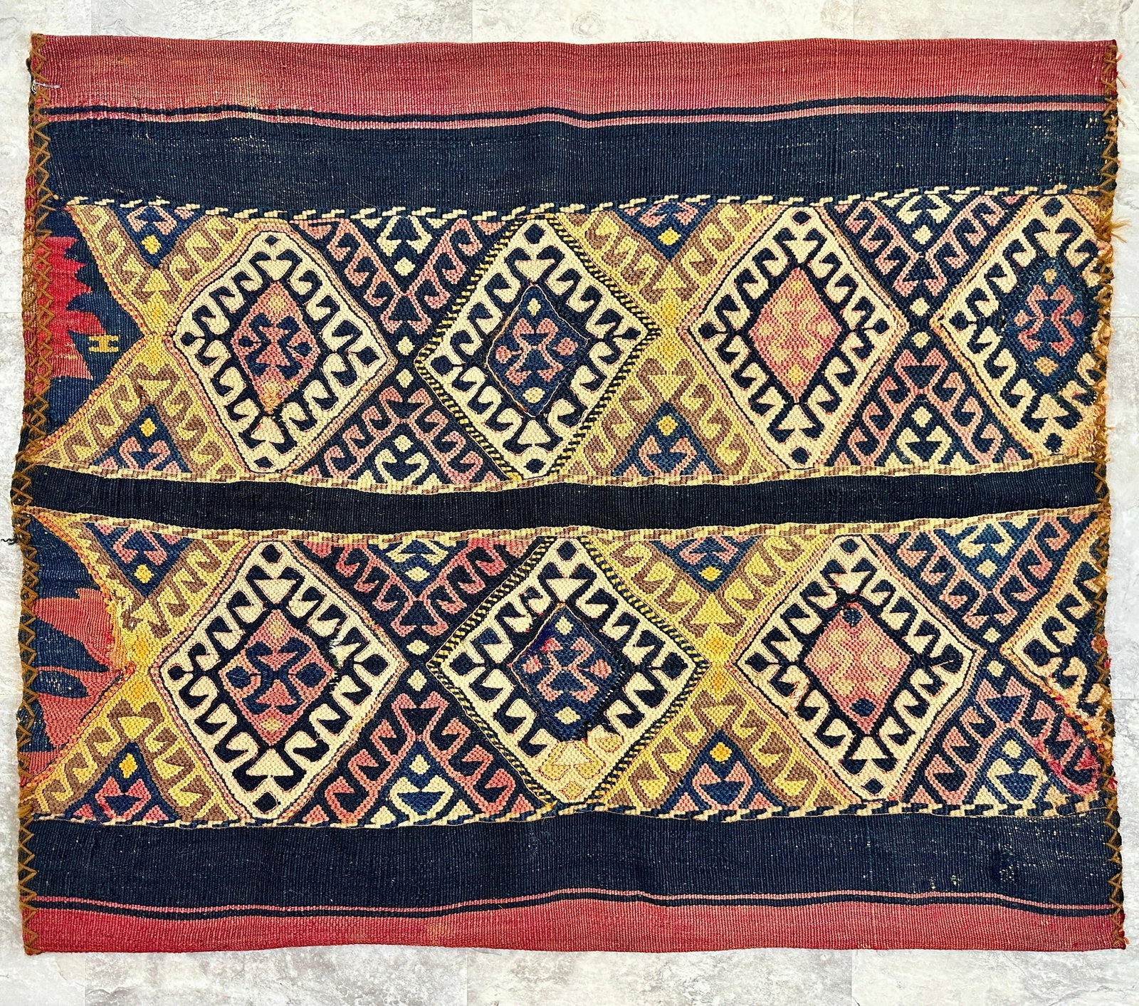 ANATOLIAN TRIBAL JIJIM CHUVAL SACK: WOVEN WITH HAND SPUN WOLL AND VEGETABLE DYES, USE AS INTENDED, WALL HANGING OR PILLOW ENCASEMENT. 28"X34"