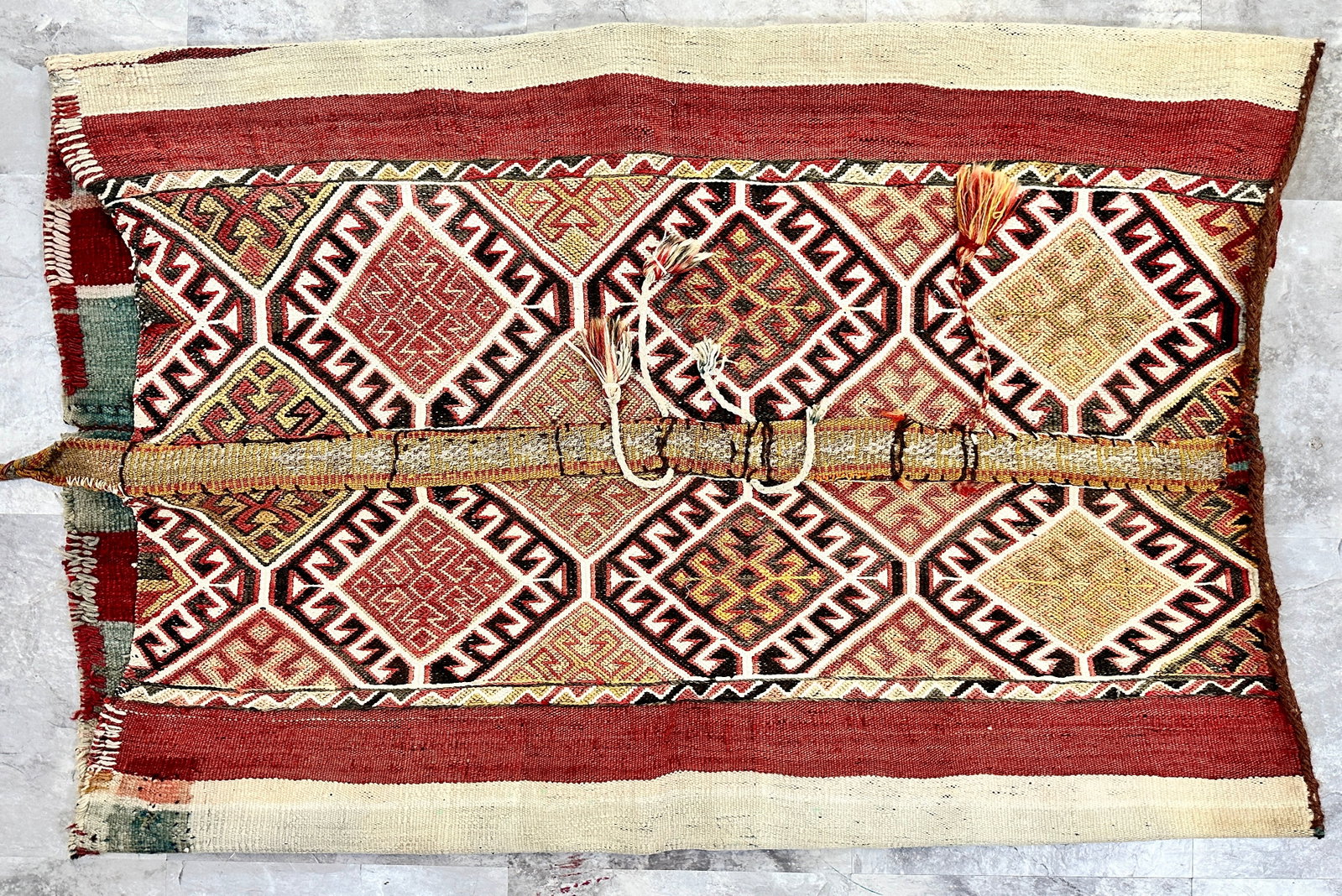ANATOLIAN TRIBAL JIJIM CHUVAL SACK: WOVEN WITH HAND SPUN WOLL AND VEGETABLE DYES, USE AS INTENDED, WALL HANGING OR PILLOW ENCASEMENT. 28"X42"